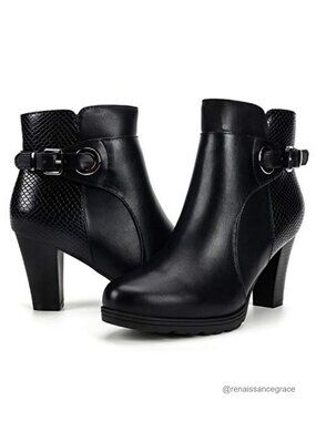 Women's Chunky Stacked Heel Ankle Boots with Zipper and Buckle